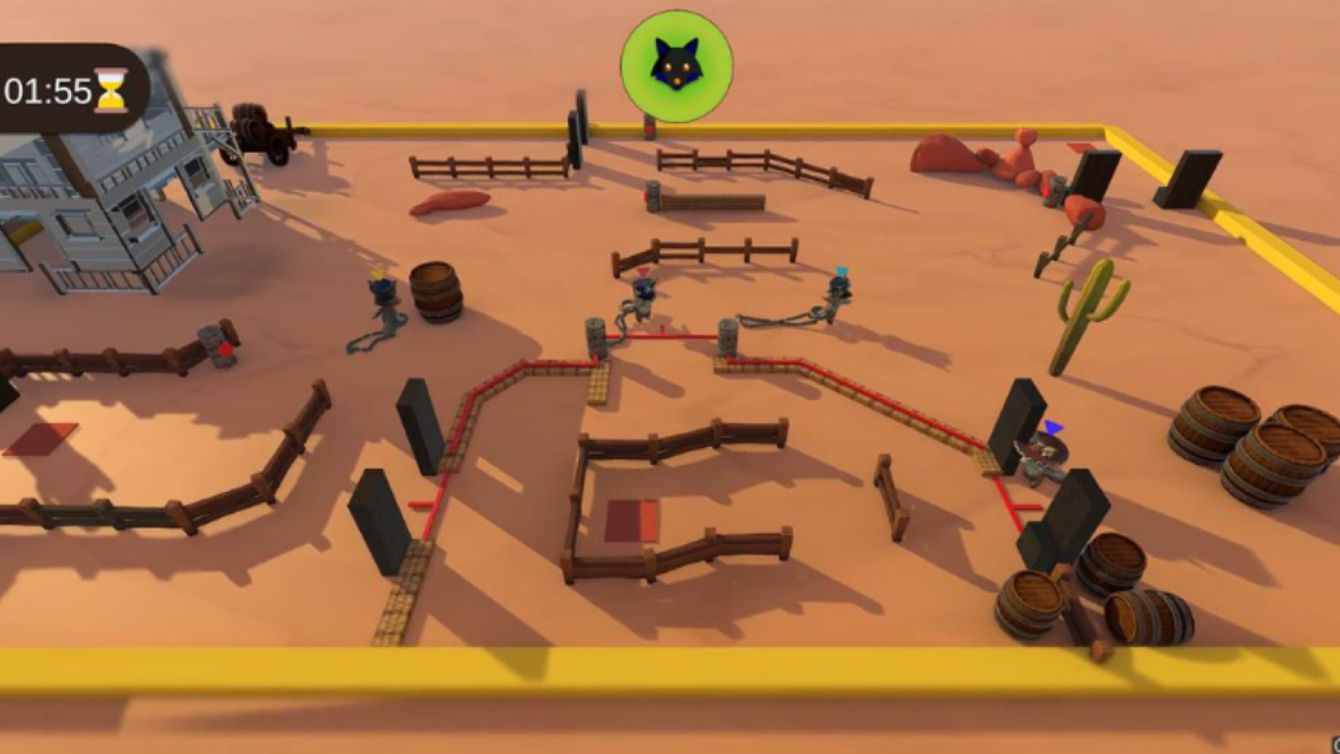 Phase de gameplay multijoueur dans Diazote avec musique western rapide et festive
